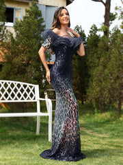 Off Shoulder Sequined Lotus Leaf Evening Dress