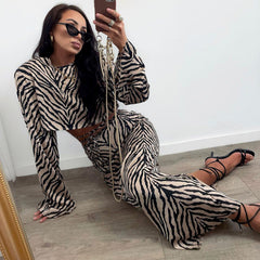 Long Sleeves Animal Print Cropped Top Two Piece Set