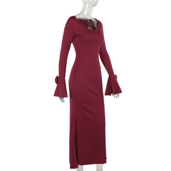 Elegant Round Neck Rose Decorative Long Sleeve Formal Dress