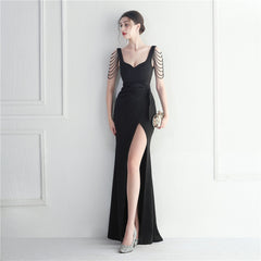 Elegant Beaded Long Slit Evening Dress