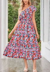 Summer Printed One Shoulder Ruffles Sleeveless Vacation Dress