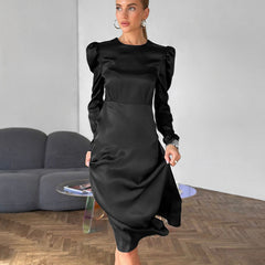 Black Thick Matte Satin Puff Sleeve Dress