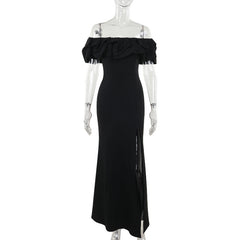 Sexy Off the Shoulder Black Pleated Slit Formal Dress