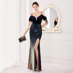 Elegant Velvet Short Sleeve Spaghetti Straps Evening Dress