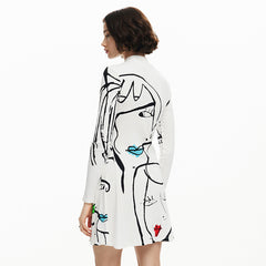 Women Portrait Line Printing Casual Long Sleeve Dress