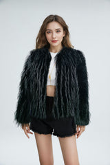 Solid Color Round Neck Tassel Wool Faux Fur Short Coat