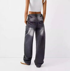 Women Washed Loose Street High Waist Wide Leg Jeans