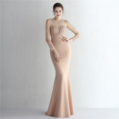 Elegant Satin Rhinestone Lace Long Sleeve Evening Dress