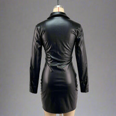 Women Single Breasted Long Sleeve Faux Leather Party Dress