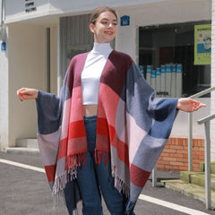 Women Classic Jacquard Tassel Slit Knitted Cape Plaid Shawl