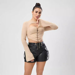 Backless Half High Collar Long Sleeves Short Top