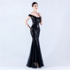 Elegant Off Shoulder Beaded Mesh Sequin Evening Dress