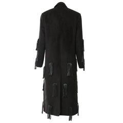 Faux Leather Tassel Mid Windbreaker Woolen Coat