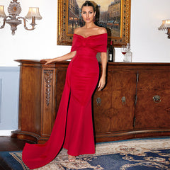 Elegant Red Satin Off Shoulder Evening Dress