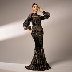 Long Sleeve Sequined Lace Mesh Printed Evening Dress