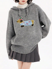 Sausage Dog Towel Embroidery Hooded Pullover Sweater