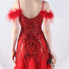 Elegant Ostrich Feather Mesh Floral Sequin Formal Dress