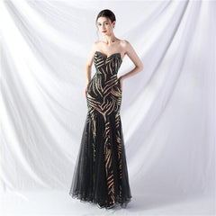 Beaded Stitching Mesh Sequined Evening Dress