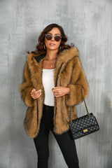 Solid Color Loose Hooded Short Fur Collar Coat