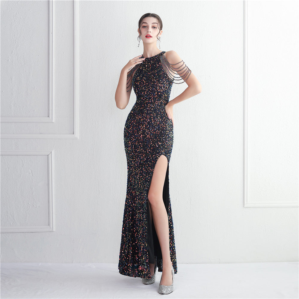 Elegant Micro Glass Beaded Sequined Evening Dress