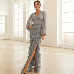 Long Sleeve Sequined Tassel Evening Dress