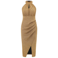 Summer Shiny Stand Collar Formal Slit Asymmetric Dress