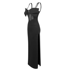 Black Rhinestone Strappy Bow Semi Transparent Formal Dress