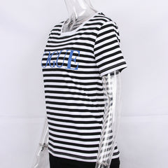 Summer Printed Striped Cotton Short Sleeved T Shirt