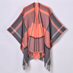 Classic Lines Plaid Shawl Thick Knit Cardigan Cloak