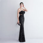 REVCHIC LUXE Elegant Halter Sequin Ruched Maxi Gown