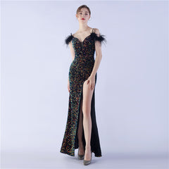 Elegant  Ostrich Feather Sequined Long Evening Dress