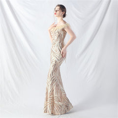 Elegant Boning Corset Ostrich Feather Sequined Evening Dress