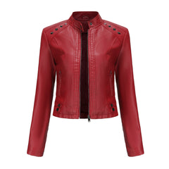 Women Rivets Leather Short Thin Stand Collar Jacket