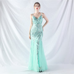 Elegant Sequin V-Neck Mesh Camisole Evening Dress