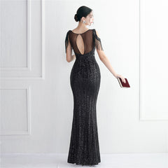 Elegant Beaded Tube Top Short Sleeve Sequined Formal Dress