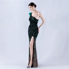 One Shoulder Gradient Velvet Bottom Sequin Feather Evening Dress