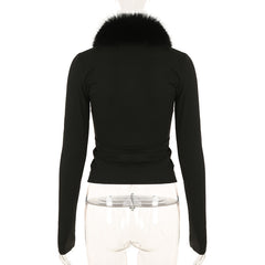 Elegant Fur Collar Stitching Black Sweater Top