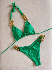 Sexy Big Gold Chain Strap Solid Color Bikini Set