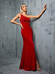 One Shoulder Wine Red Sequin Fishtail Evening Dress