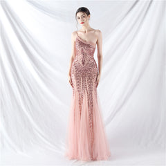 Elegant One Shoulder Beaded Floral Sequin Mesh Evening Dress