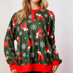 Christmas Printed Button Long Sleeve Two Piece Set