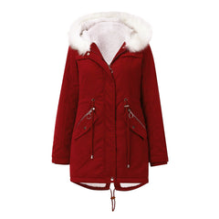 Women Cotton Padded White Fur Collar Hooded Velvet Coat