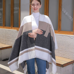 Simple Jacquard Warm Cloak Tassel Side Strap Shawl Cape