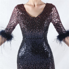 Elegant Feather Gradient Sequin Long Sleeve Evening Dress