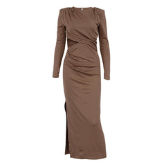 Sexy Brown Long Sleeve Cutout Pleated Party Dress