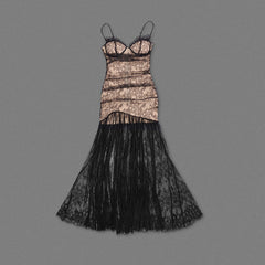 Black Pleated Floral Lace Spaghetti Straps Formal Dress