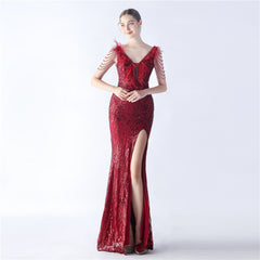 Elegant Feather Beaded Long Sequined Evening Dress