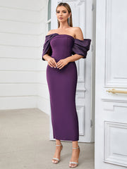 Elegant Pleated Shoulder Midi Formal Dress