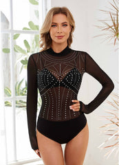 Long Sleeve round Collar Gauze Rhinestone Turtleneck Bodysuit