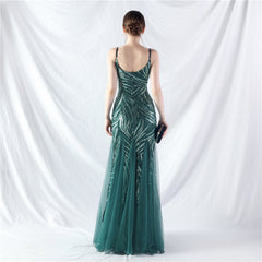 Elegant Sequin V-Neck Mesh Camisole Evening Dress